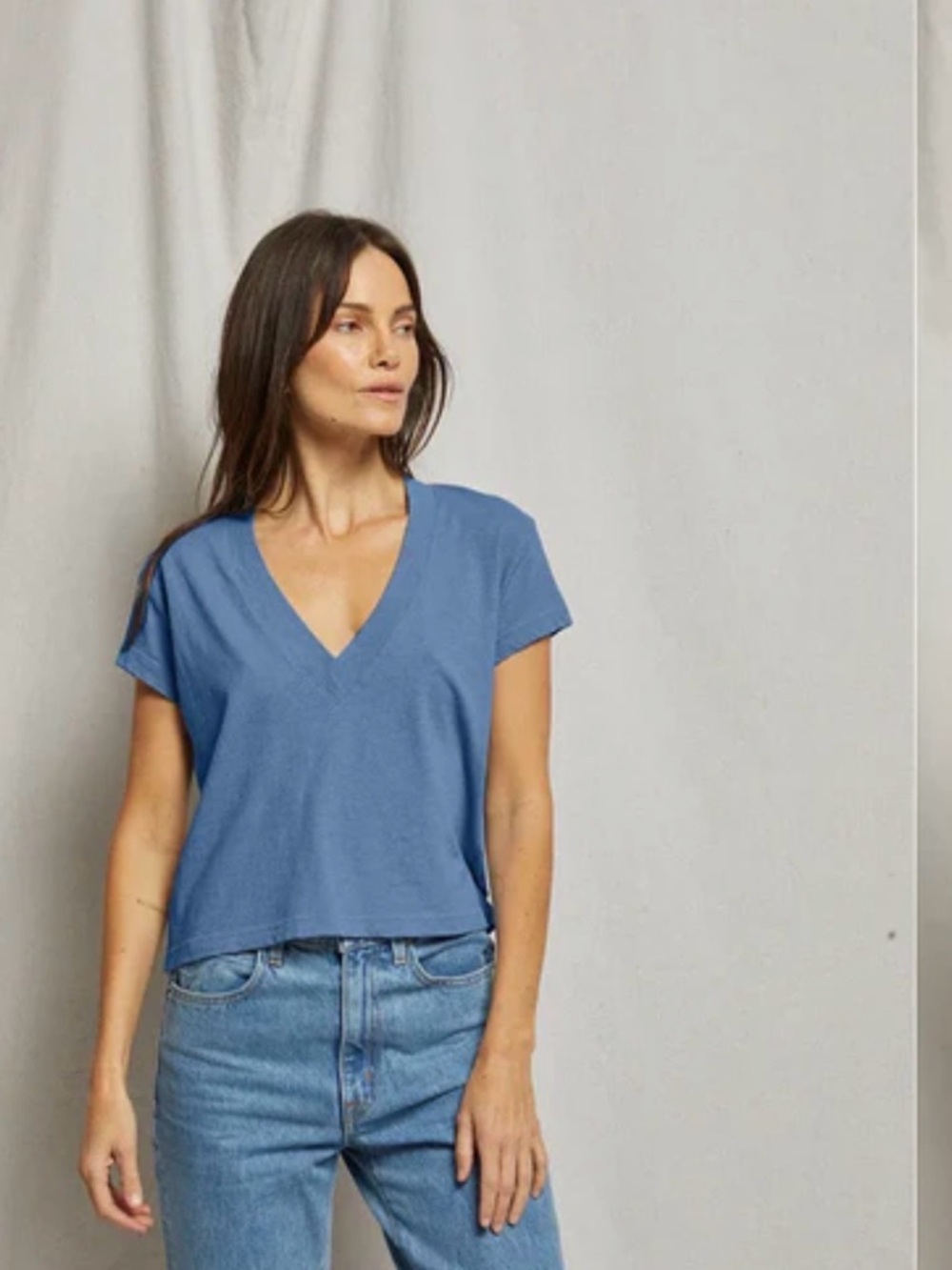 Perfect White Tee Blue V-Neck Short Sleeve Top